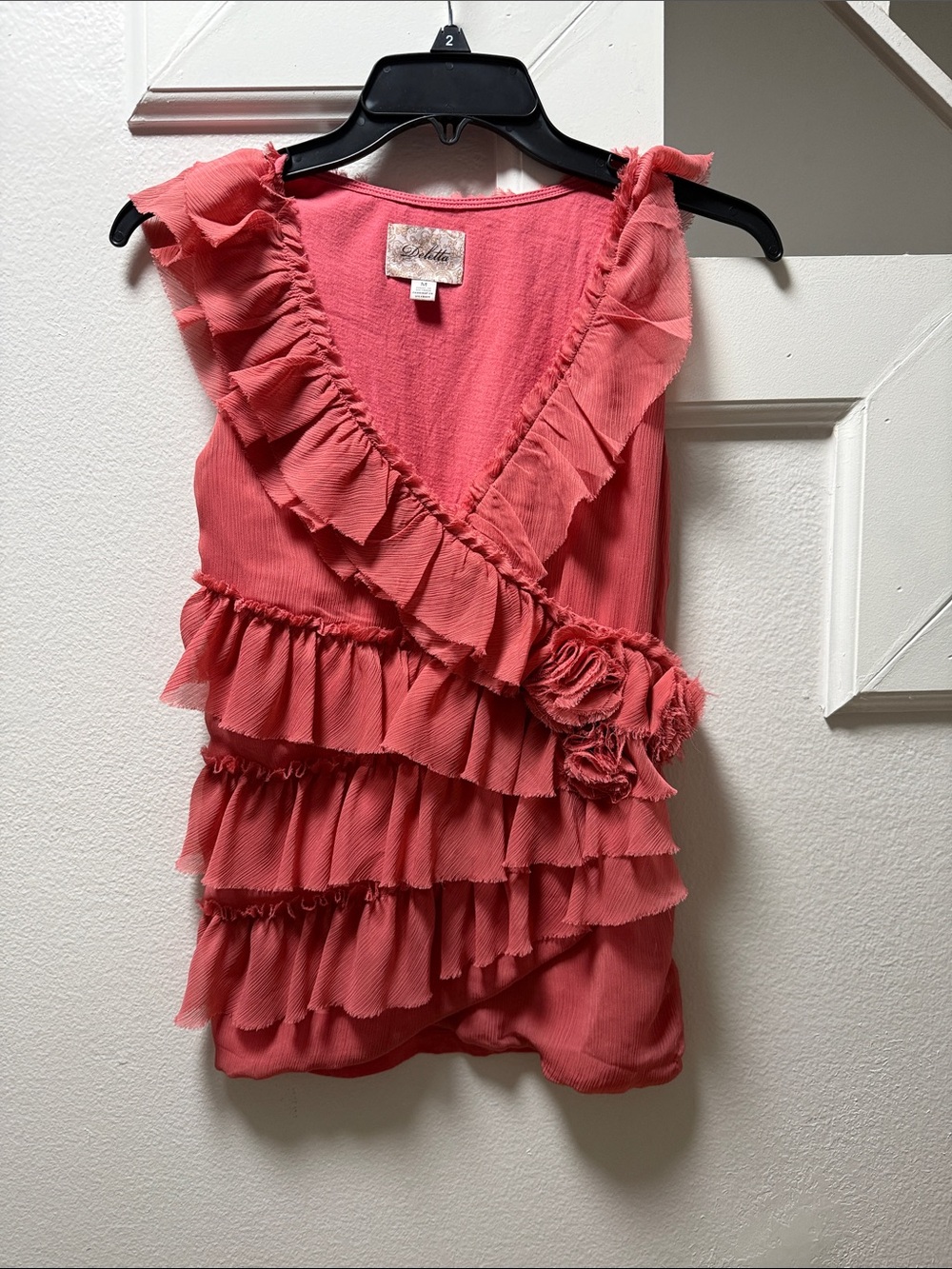 Deletta Coral Pink Ruffled Sleeveless Top